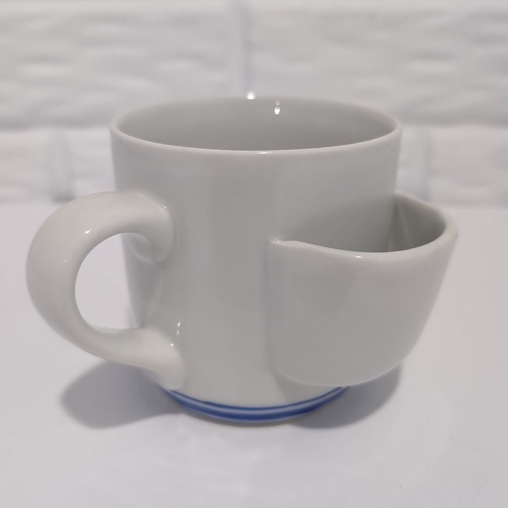 Vintage 1984 CMI White Ceramic Tea Bag Holder Mug Blue Stripe Tea Pocket Cup